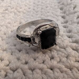 Silver Ring with Black Center Stone and Clear Accents